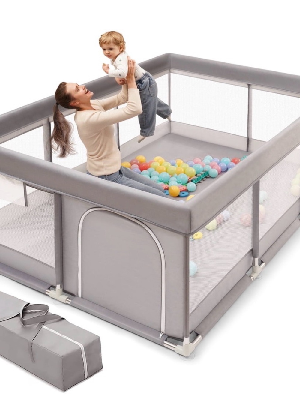 Kids Gray Playpen Ball Pit with Mesh Sides